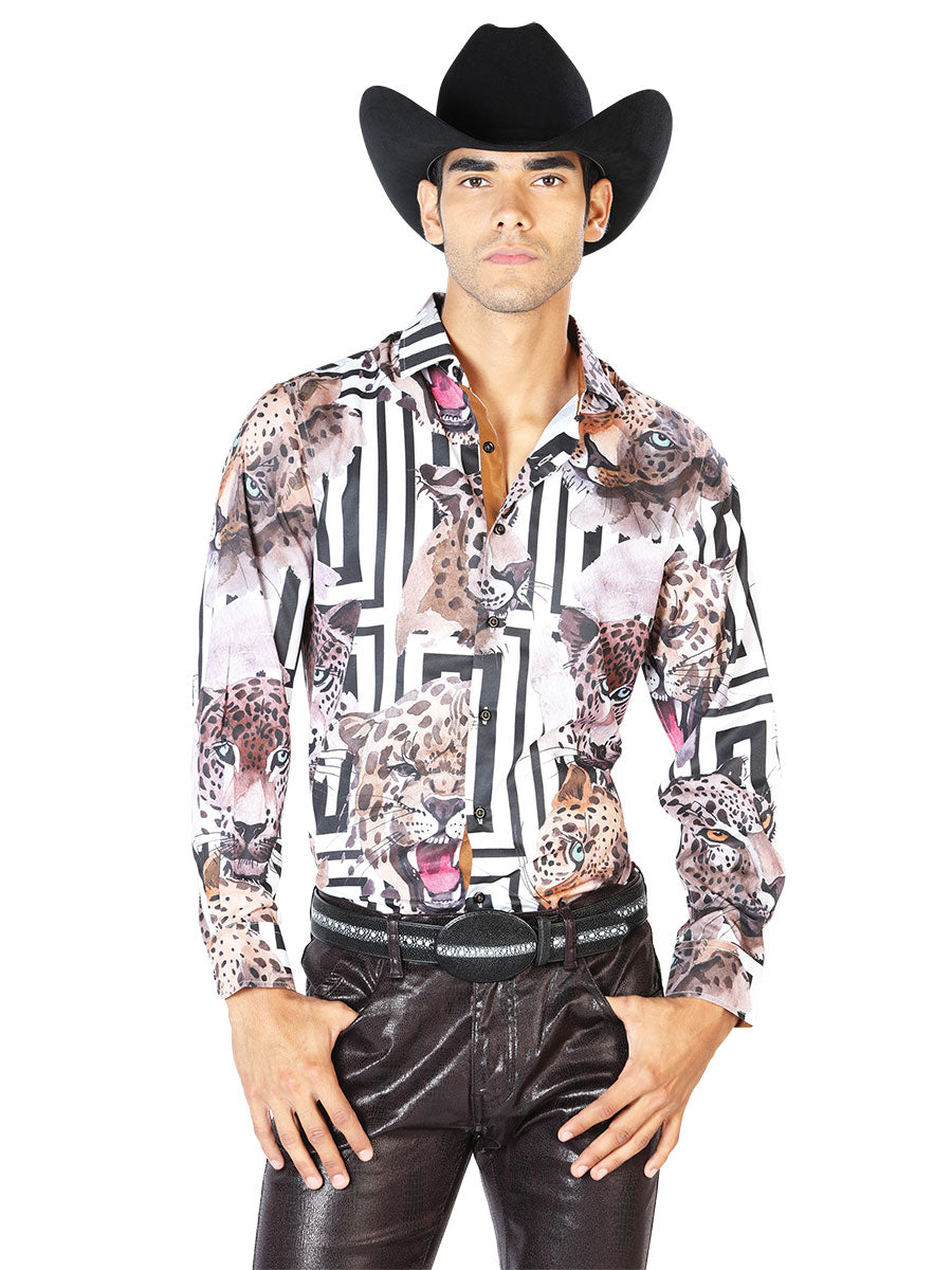 Camisa Vaquera Manga Larga Estampada Leopardo Jaguar para Hombre 'El Señor de los Cielos' - ID: 43551 Western Shirt El Señor de los Cielos Jaguar