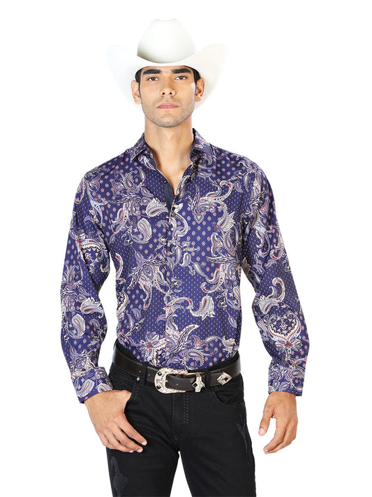 Yellow Blue Printed Long Sleeve Denim Shirt for Men 'The Lord of the Skies' - ID: 43554