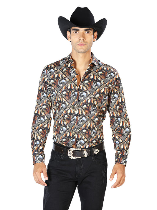 Gold Printed Long Sleeve Denim Shirt for Men 'The Lord of the Skies' - ID: 43555