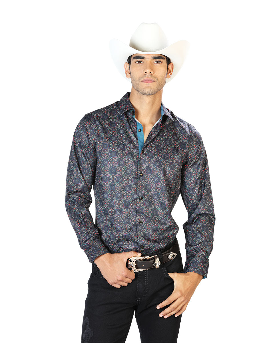 Black/Gold Printed Long Sleeve Denim Shirt for Men 'The Lord of the Skies' - ID: 43556