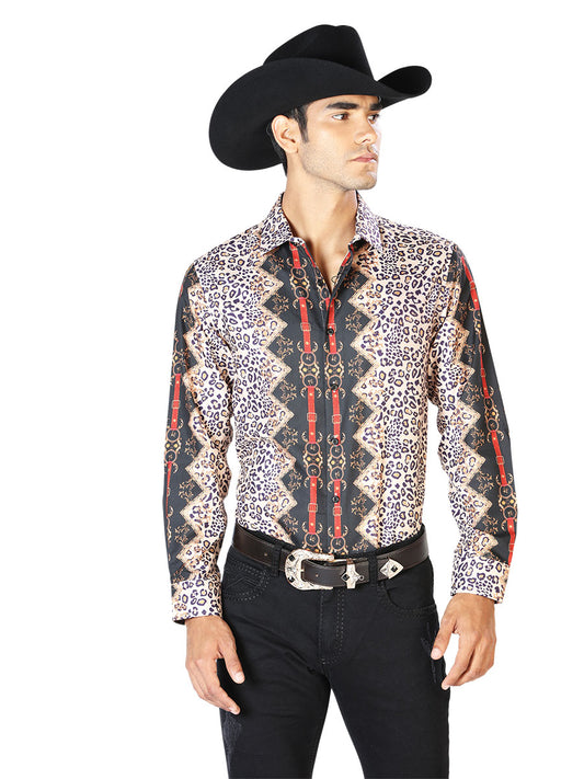 Camisa Vaquera Manga Larga Estampada Leopardo Leopardo para Hombre 'El Señor de los Cielos' - ID: 43557
