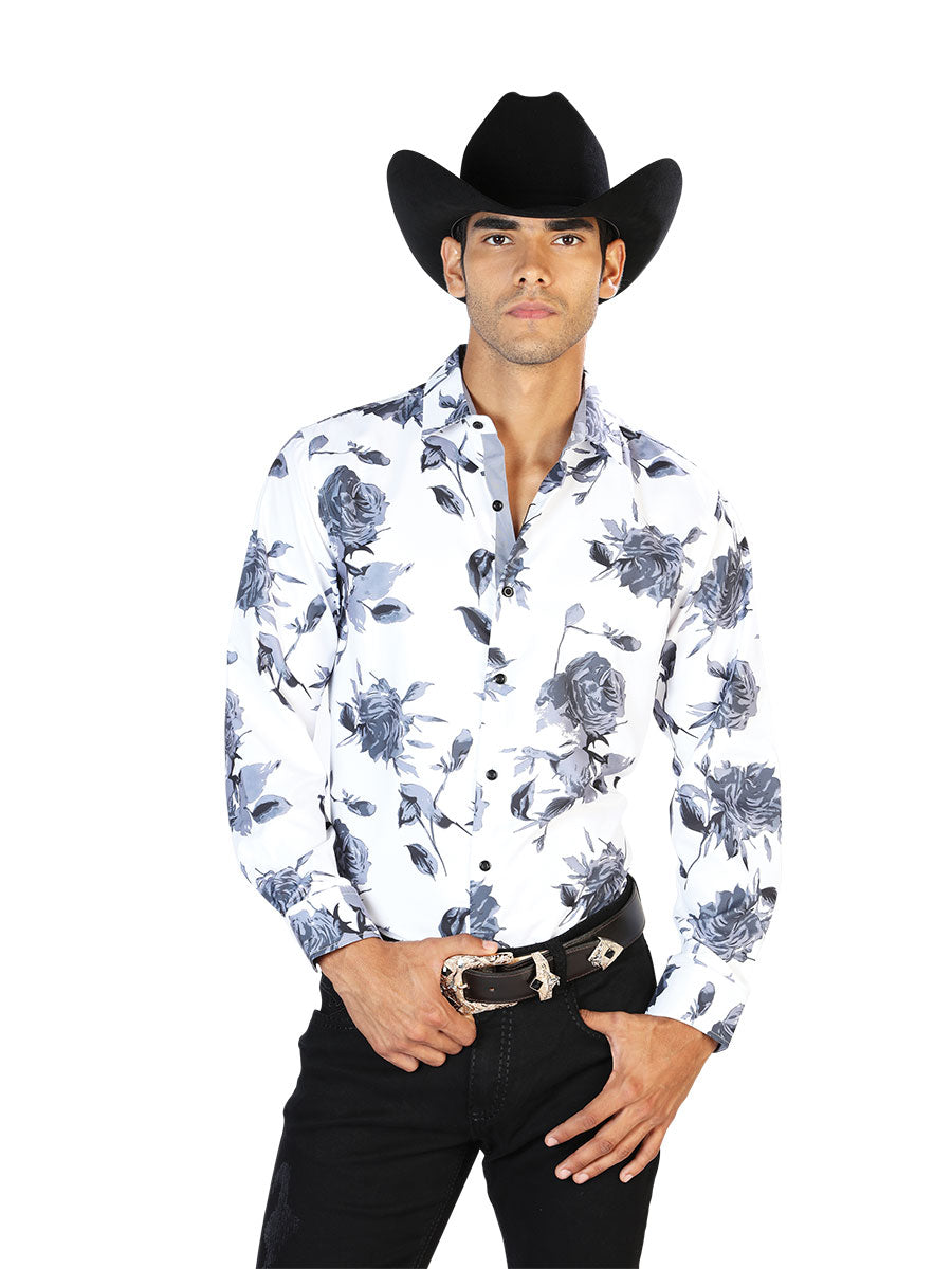 Camisa Vaquera Manga Larga Estampada Floral Blanco/Gris para Hombre 'El Señor de los Cielos' - ID: 43559 Western Shirt El Señor de los Cielos White/Gray