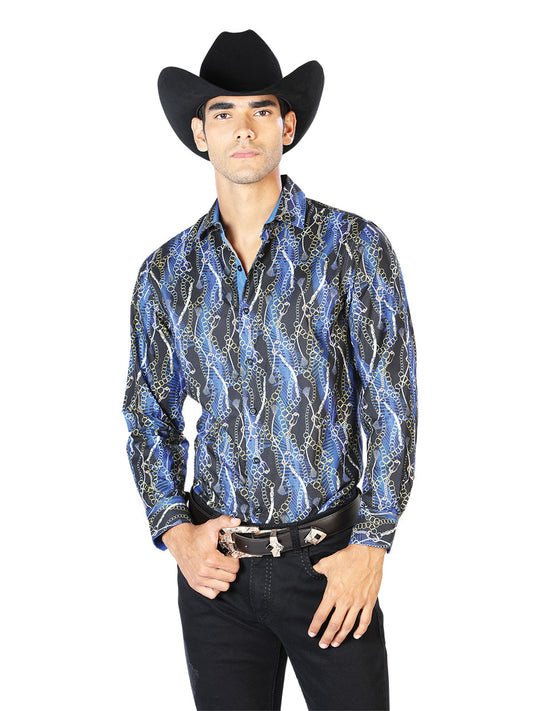 Camisa Vaquera Manga Larga Estampada Cadenas Negro/Azul para Hombre 'El Señor de los Cielos' - ID: 43560