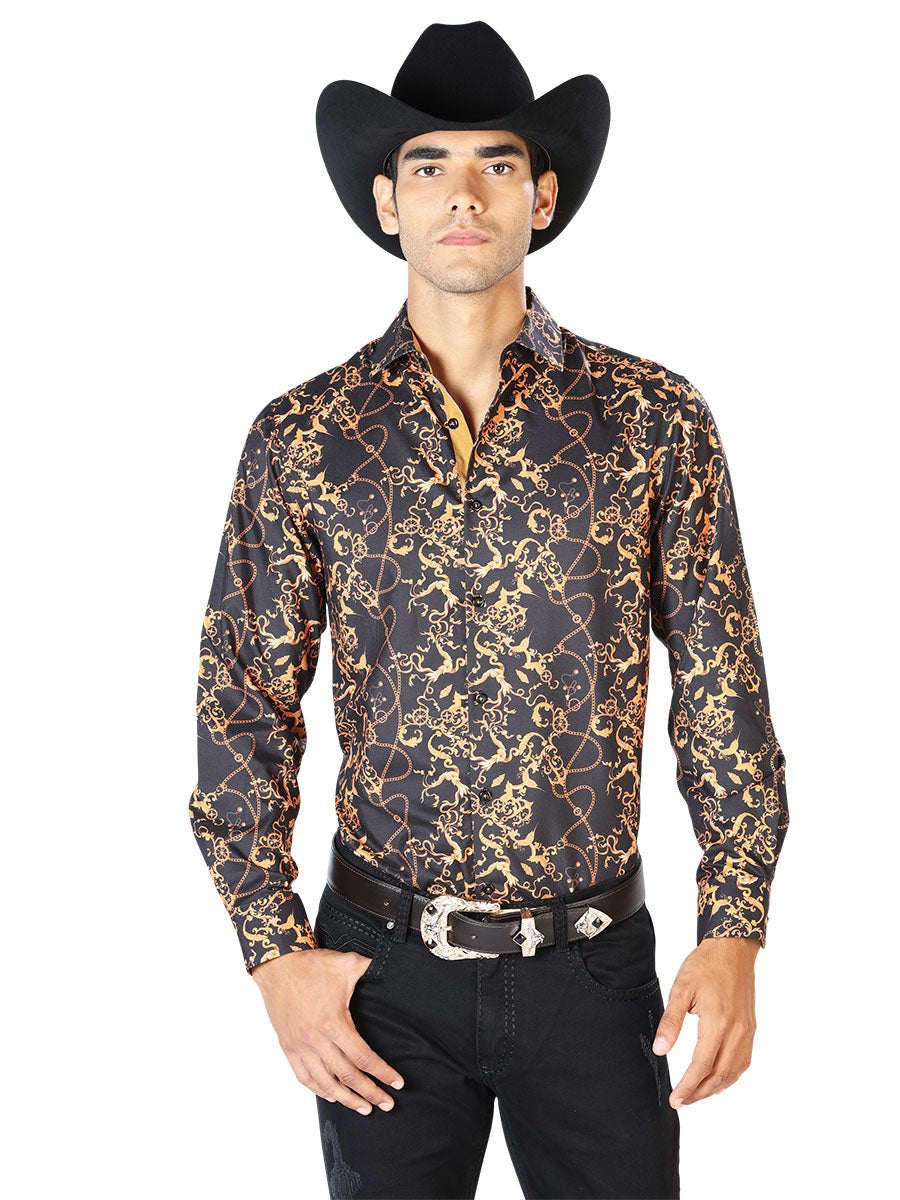 Camisa Vaquera Manga Larga Estampada Negro/Oro para Hombre 'El Señor de los Cielos' - ID: 43561