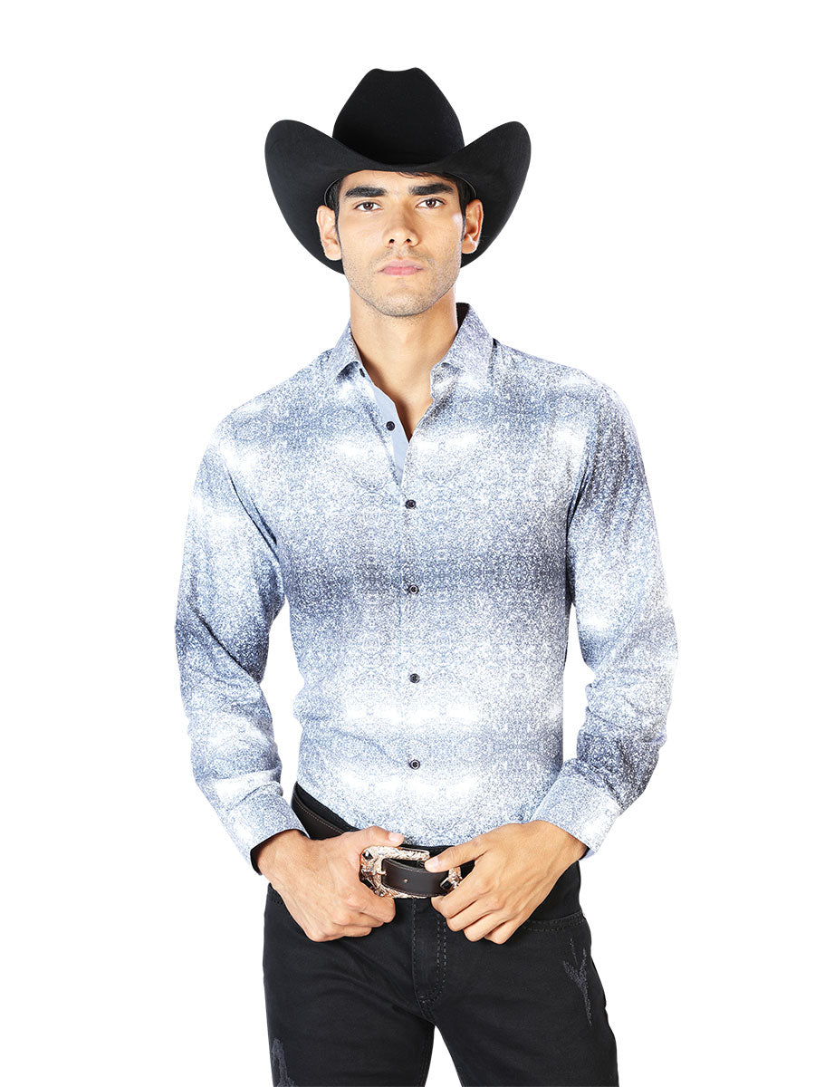 Gray Printed Long Sleeve Denim Shirt for Men 'The Lord of the Skies' - ID: 43562
