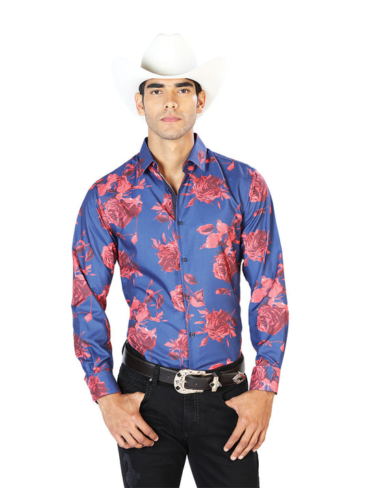 Blue/Red Floral Printed Long Sleeve Denim Shirt for Men 'El Señor de los Cielos' - ID: 43563 Western Shirt El Señor de los Cielos Blue/Red