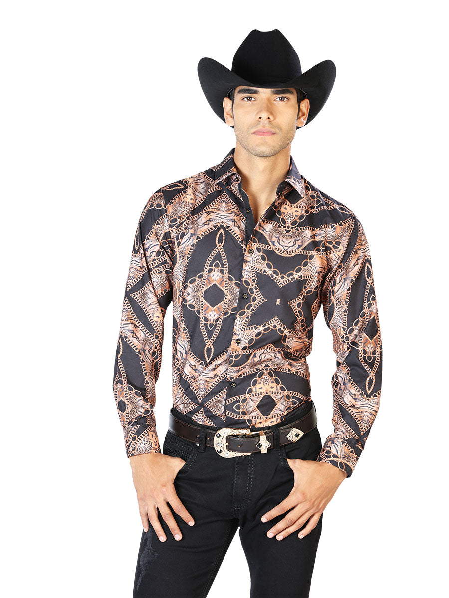 Black Printed Long Sleeve Denim Shirt for Men 'The Lord of the Skies' - ID: 43564