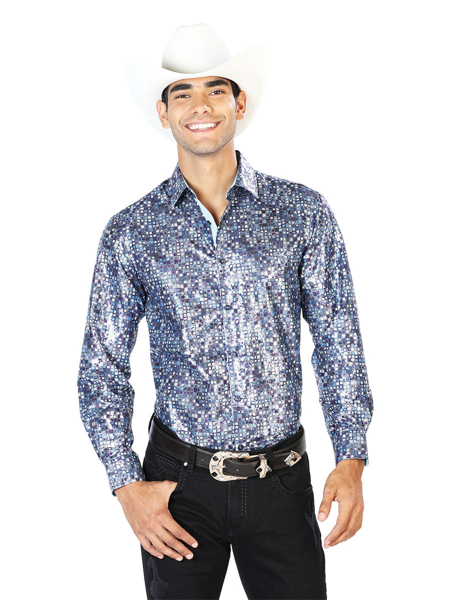 Camisa Vaquera Manga Larga Estampada Azul Marino para Hombre 'El Señor de los Cielos' - ID: 43565