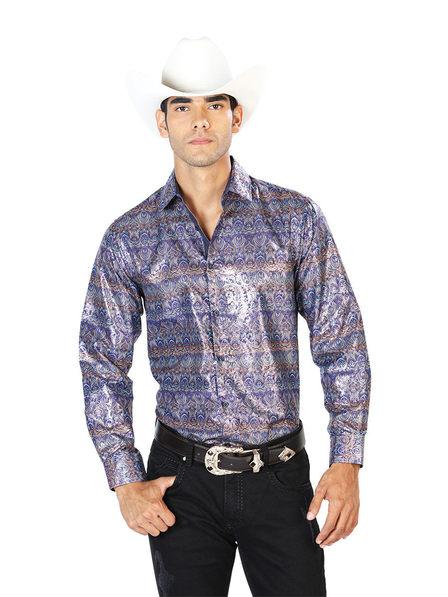 Long Sleeve Wine Printed Denim Shirt for Men 'The Lord of the Skies' - ID: 43567