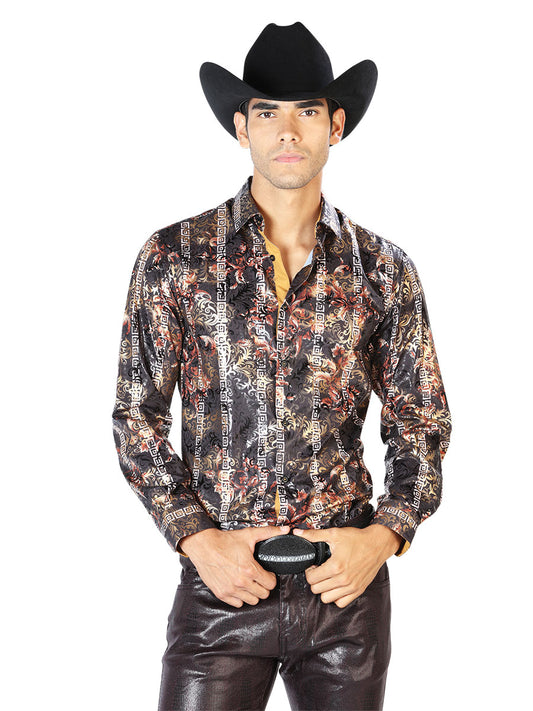 Black/Gold Printed Long Sleeve Denim Shirt for Men 'The Lord of the Skies' - ID: 43568
