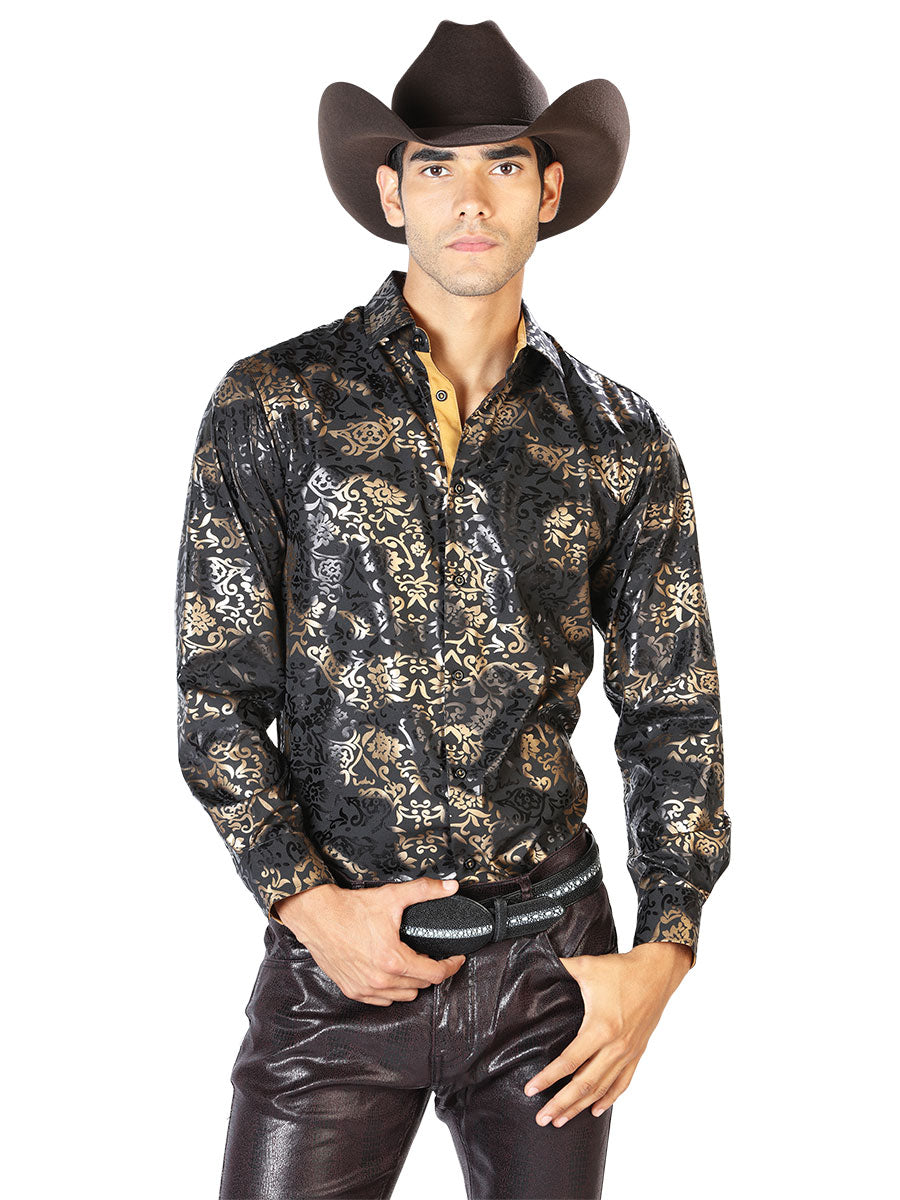 Black/Gold Printed Long Sleeve Denim Shirt for Men 'The Lord of the Skies' - ID: 43570