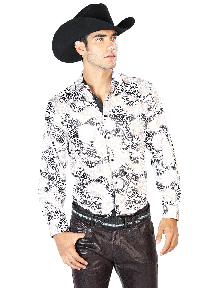Long Sleeve Ivory/Gold Printed Denim Shirt for Men 'The Lord of the Skies' - ID: 43571