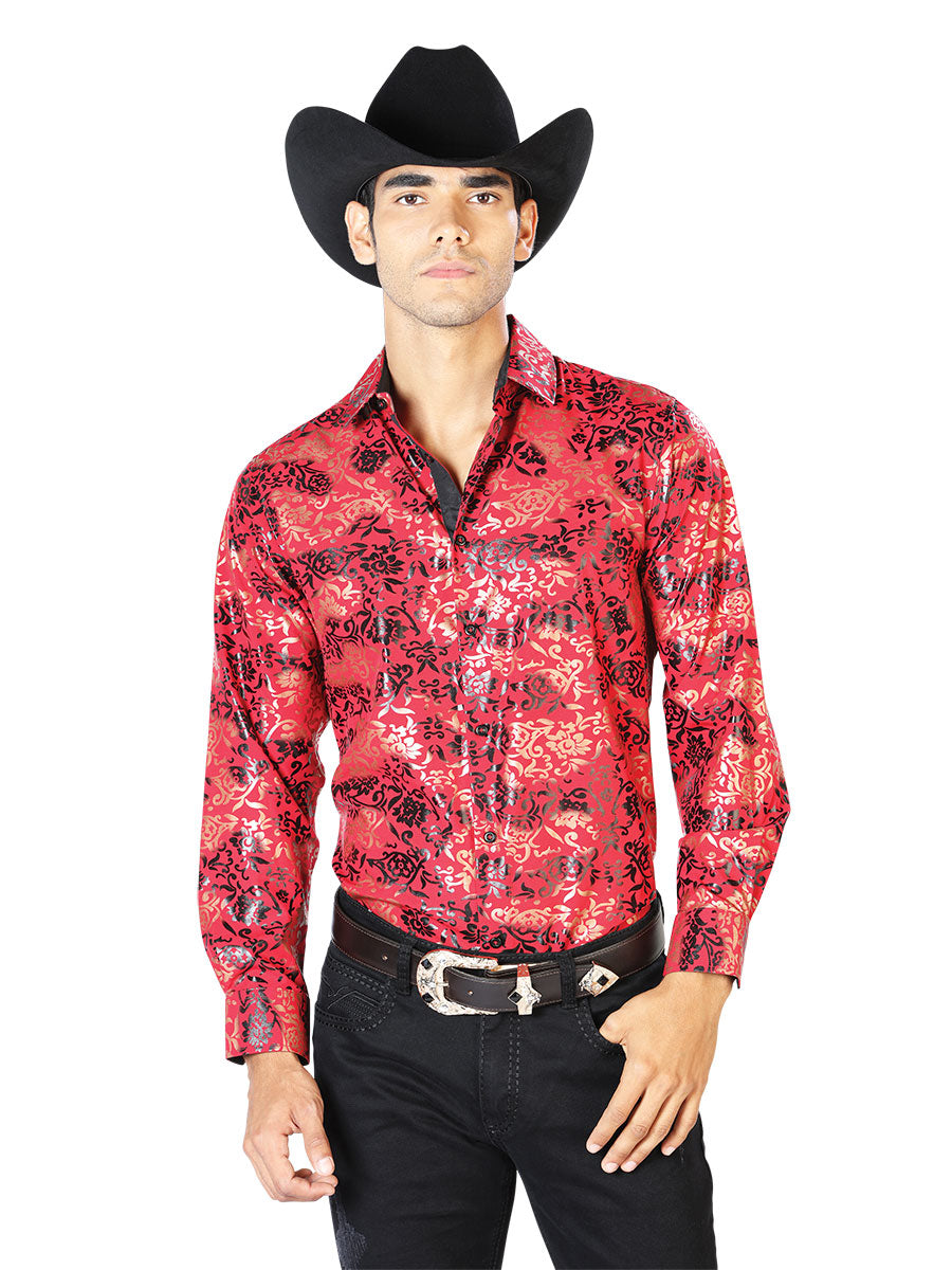 Red/Gold Printed Long Sleeve Denim Shirt for Men 'The Lord of the Skies' - ID: 43572