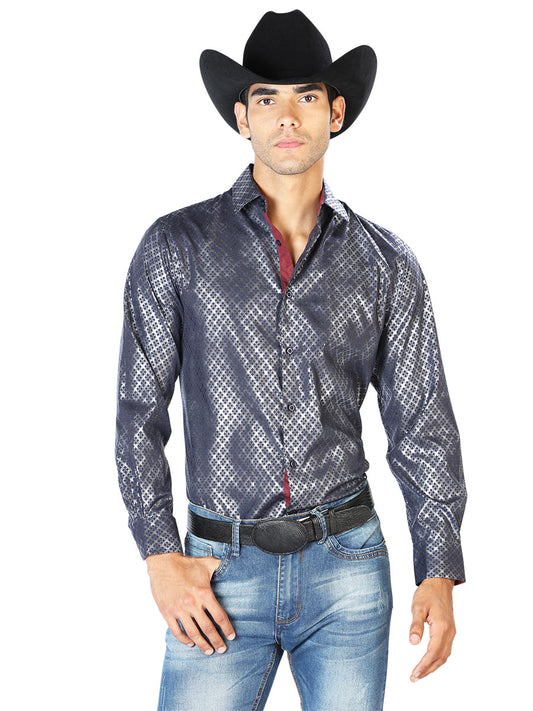 Camisa Vaquera Manga Larga Estampada Marino para Hombre 'El Señor de los Cielos' - ID: 43573 Western Shirt El Señor de los Cielos Navy