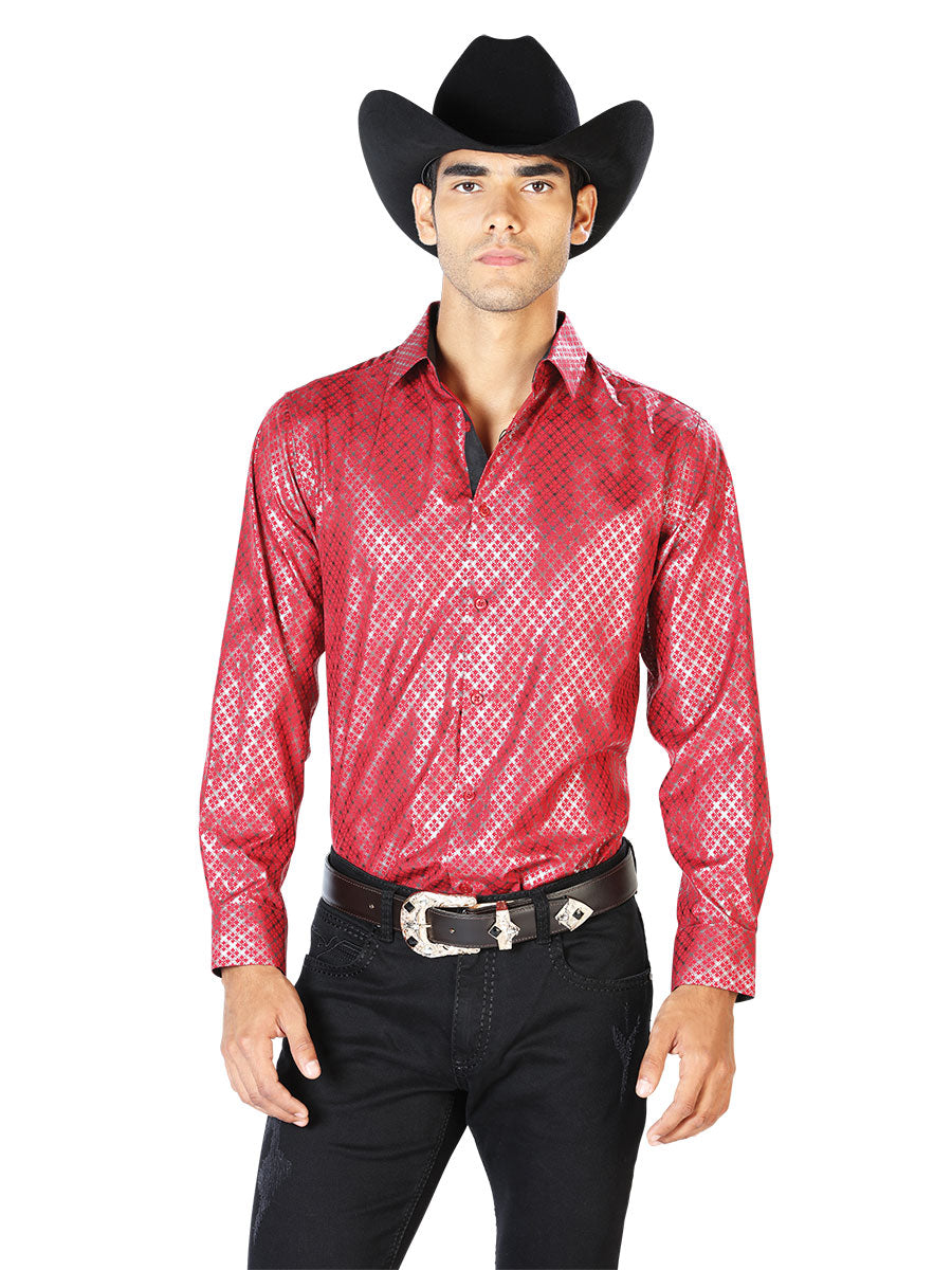 Long Sleeve Wine Printed Denim Shirt for Men 'The Lord of the Skies' - ID: 43574