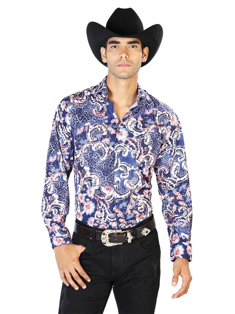 Navy Blue Printed Long Sleeve Denim Shirt for Men 'The Lord of the Skies' - ID: 43577