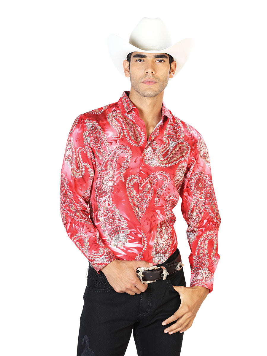 Red Printed Long Sleeve Denim Shirt for Men 'The Lord of the Skies' - ID: 43578