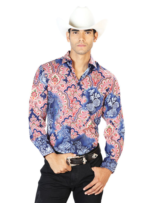 Blue / Red Printed Long Sleeve Denim Shirt for Men 'The Lord of the Skies' - ID: 43580