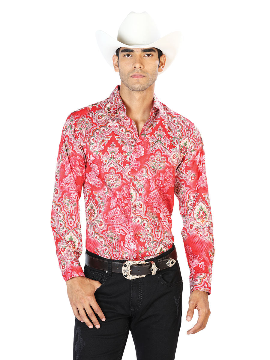 Red Printed Long Sleeve Denim Shirt for Men 'The Lord of the Skies' - ID: 43581