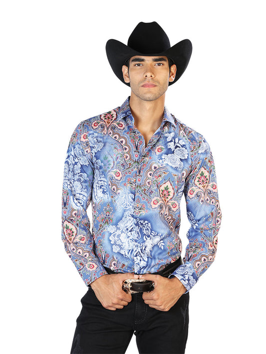 Blue Printed Long Sleeve Denim Shirt for Men 'The Lord of the Skies' - ID: 43582