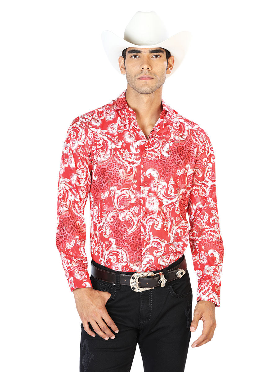 Red Printed Long Sleeve Denim Shirt for Men 'The Lord of the Skies' - ID: 43583