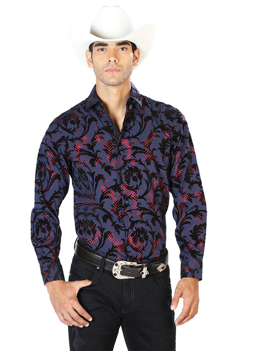 Long Sleeve Navy Printed Denim Shirt for Men 'The Lord of the Skies' - ID: 43584