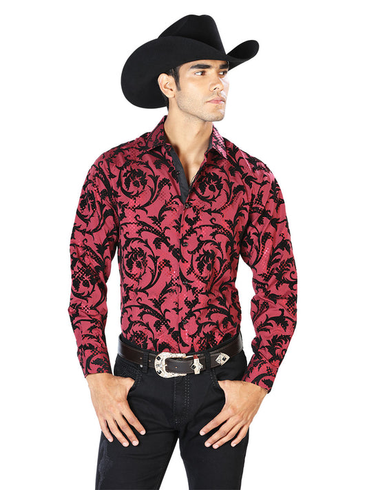 Camisa Vaquera Manga Larga Estampada Vino Oscuro para Hombre 'El Señor de los Cielos' - ID: 43585 Western Shirt El Señor de los Cielos Dark Wine
