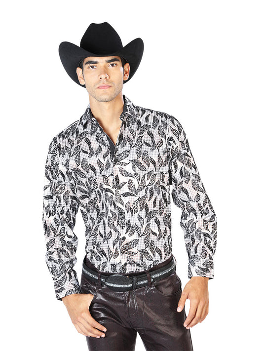 Long Sleeve Denim Shirt Printed White Leaves for Men 'The Lord of the Skies' - ID: 43587