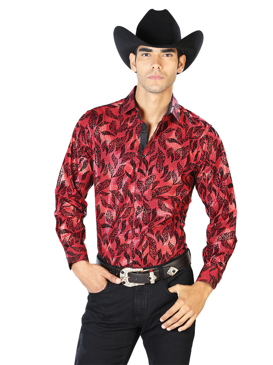 Long Sleeve Denim Shirt Printed Wine Leaves for Men 'The Lord of the Skies' - ID: 43588