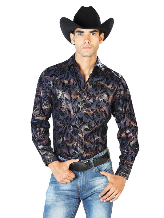 Camisa Vaquera Manga Larga Estampada Hojas Marino para Hombre 'El Señor de los Cielos' - ID: 43589 Western Shirt El Señor de los Cielos Navy