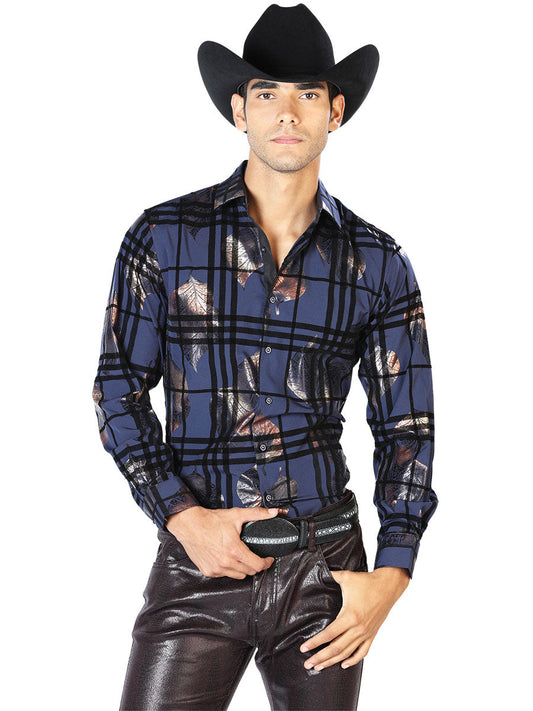 Long Sleeve Denim Shirt Printed Navy Squares for Men 'The Lord of the Skies' - ID: 43590