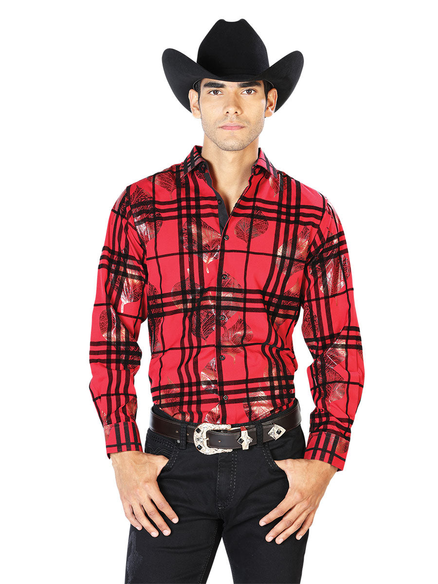 Long Sleeve Denim Shirt Printed Wine Squares for Men 'The Lord of the Skies' - ID: 43592