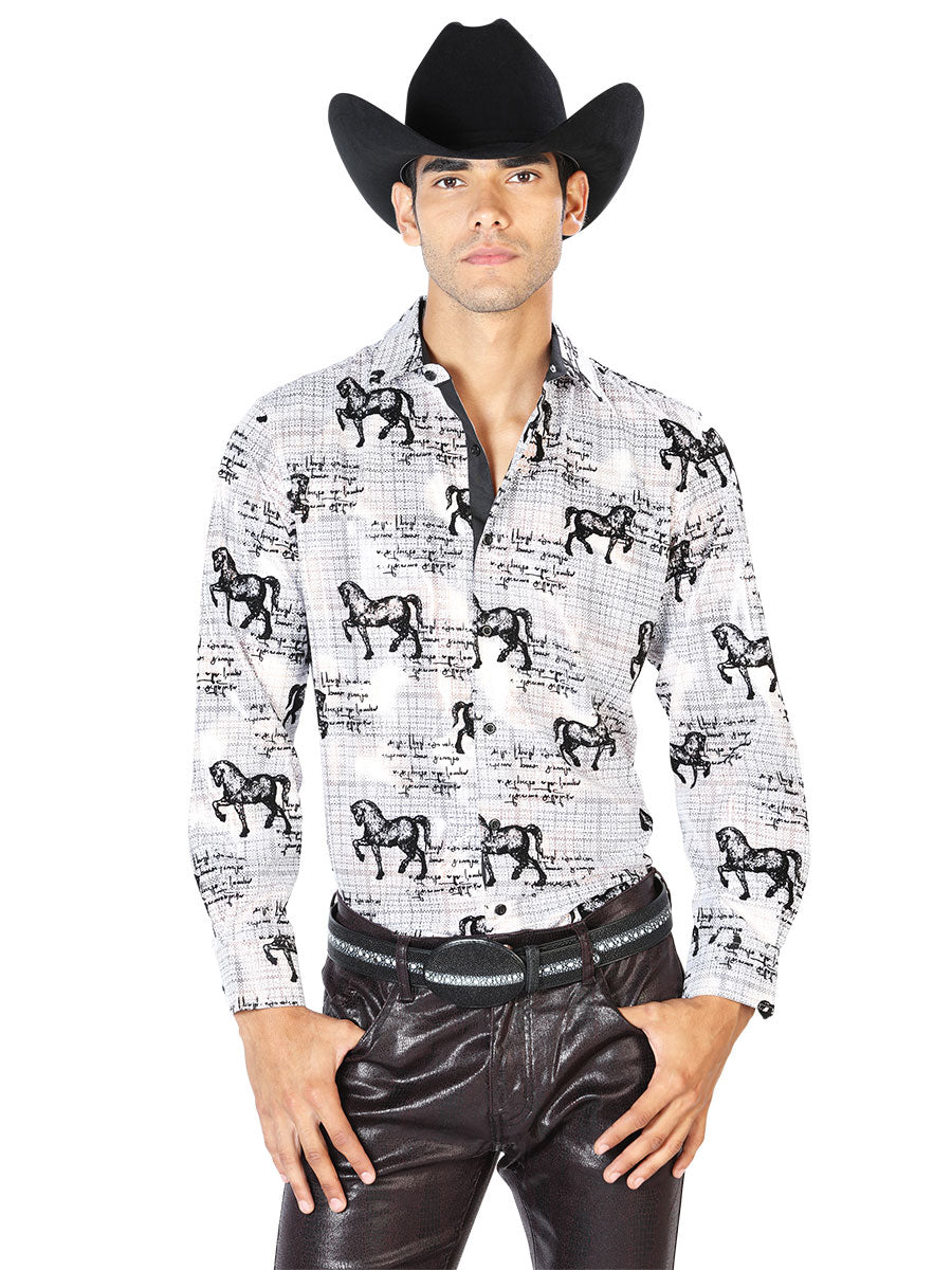 Camisa Vaquera Manga Larga Estampada Caballos Vino para Hombre 'El Señor de los Cielos' - ID: 43593