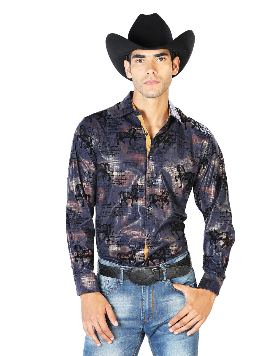 Camisa Vaquera Manga Larga Estampada Caballos Marino para Hombre 'El Señor de los Cielos' - ID: 43594 Western Shirt El Señor de los Cielos 