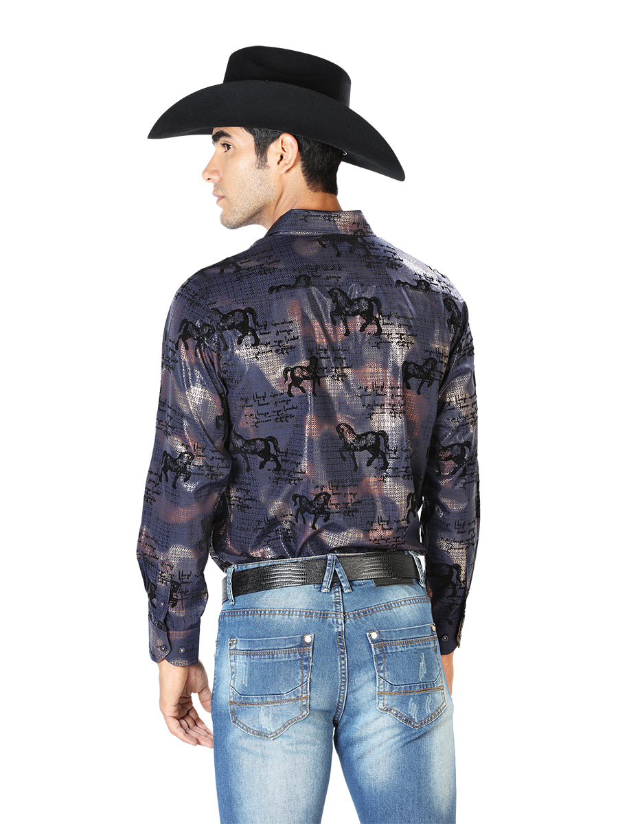 Long Sleeve Denim Shirt Printed with Navy Horses for Men 'The Lord of the Skies' - ID: 43594 Western Shirt The Lord of the Skies