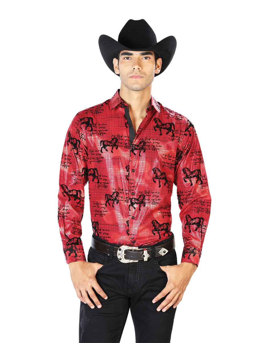 Camisa Vaquera Manga Larga Estampada Caballos Vino para Hombre 'El Señor de los Cielos' - ID: 43595 Western Shirt El Señor de los Cielos Wine