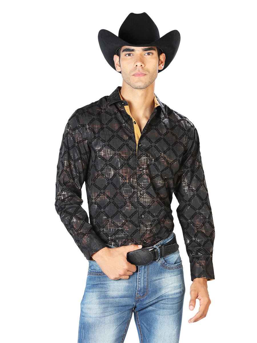 Black Printed Long Sleeve Denim Shirt for Men 'The Lord of the Skies' - ID: 43596