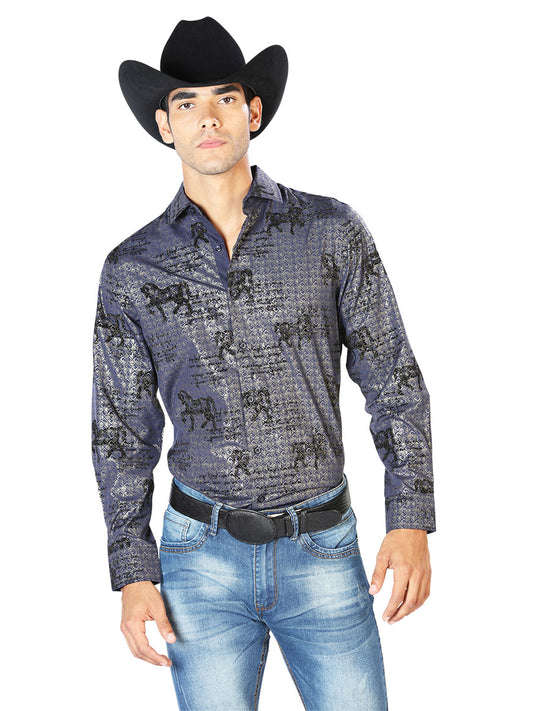 Camisa Vaquera Manga Larga Estampada Caballos Marino para Hombre 'El Señor de los Cielos' - ID: 43598 Western Shirt El Señor de los Cielos Navy