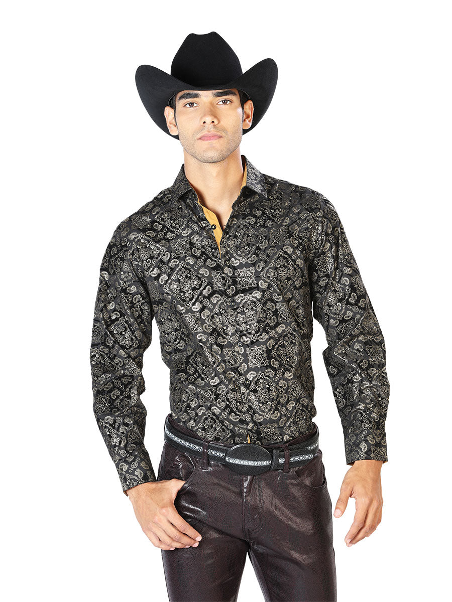 Black Printed Long Sleeve Denim Shirt for Men 'The Lord of the Skies' - ID: 43600