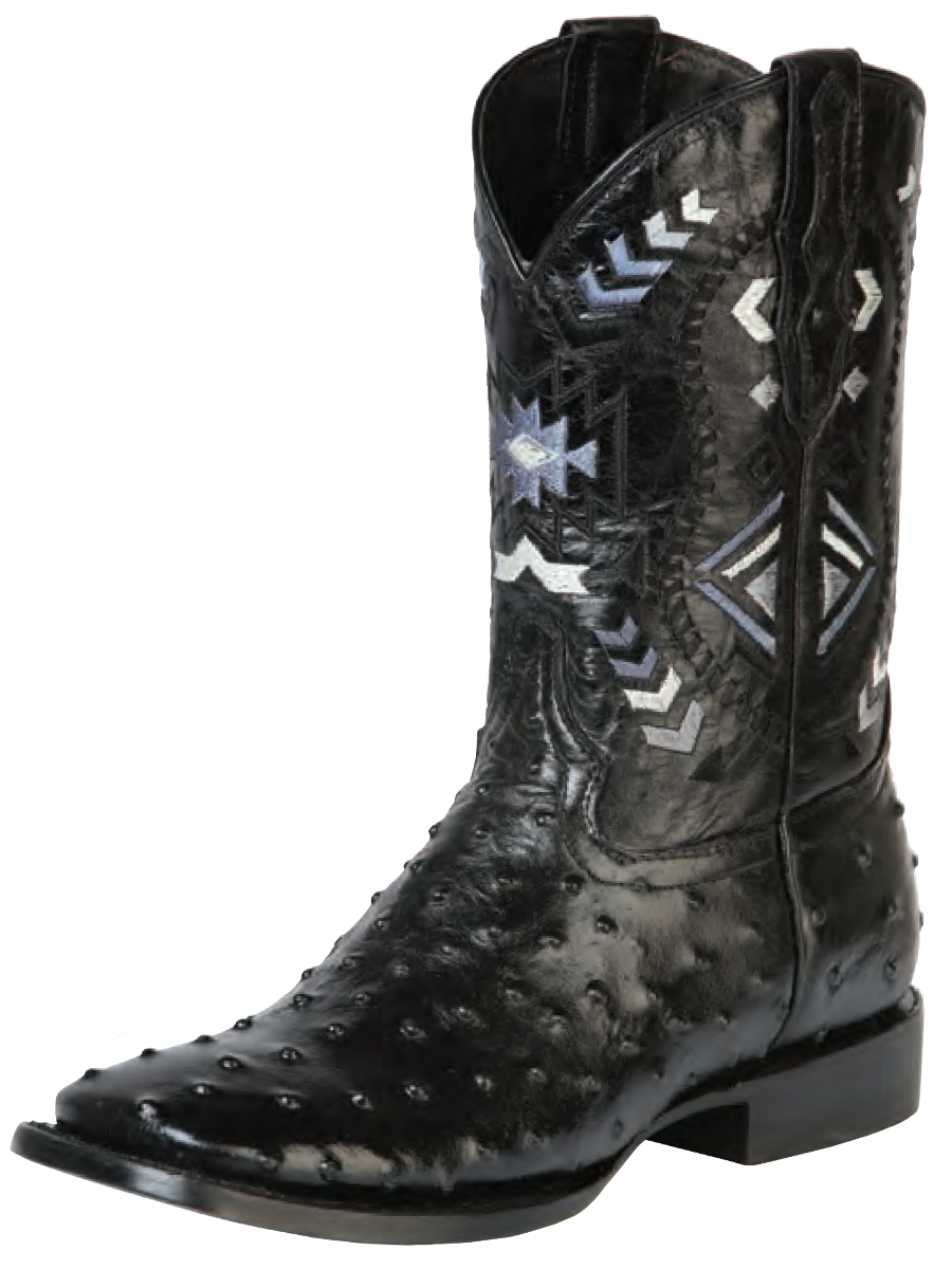 Rodeo Cowboy Boots Imitation Ostrich Engraved in Cowhide Leather for Men 'El General' - ID: 51240 Cowboy Boots El General Black