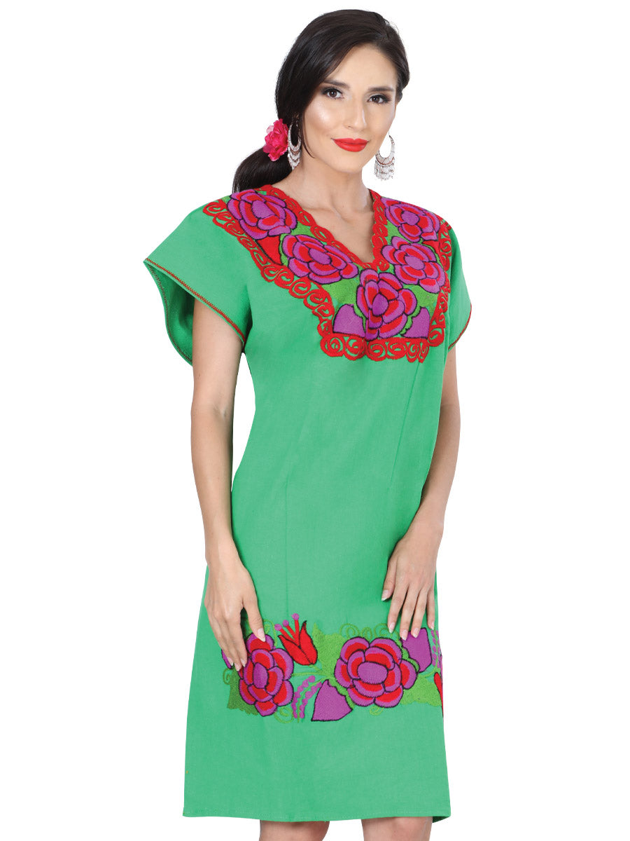 Handmade Flower Embroidered Dress for Women Handmade Dress Mexico Artesanal Green