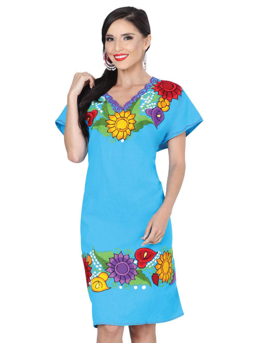 Handmade Flower Embroidered Dress for Women Handmade Dress Mexico Artesanal Blue
