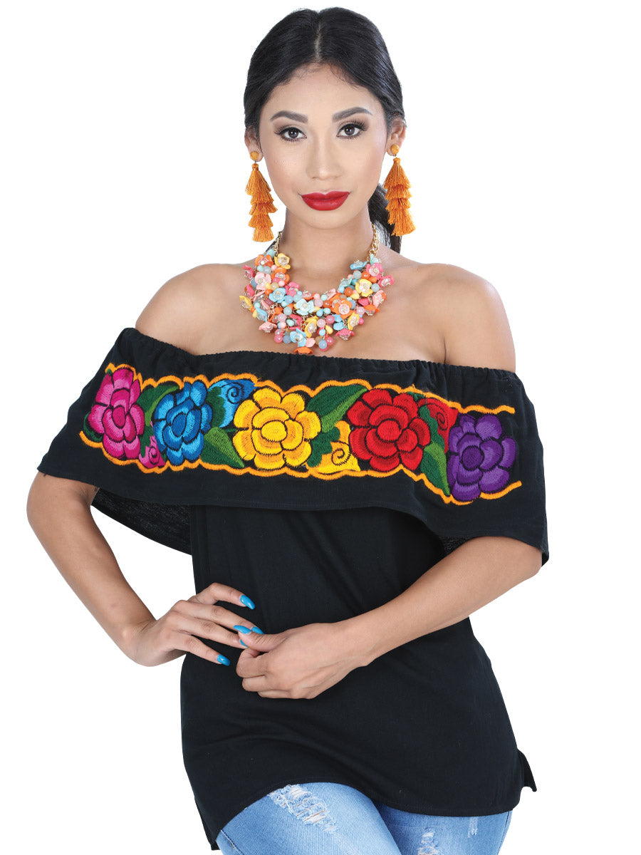 Blusa Artesanal de Olan Bordada de Flores para Mujer Handmade Blouse Mexico Artesanal Black