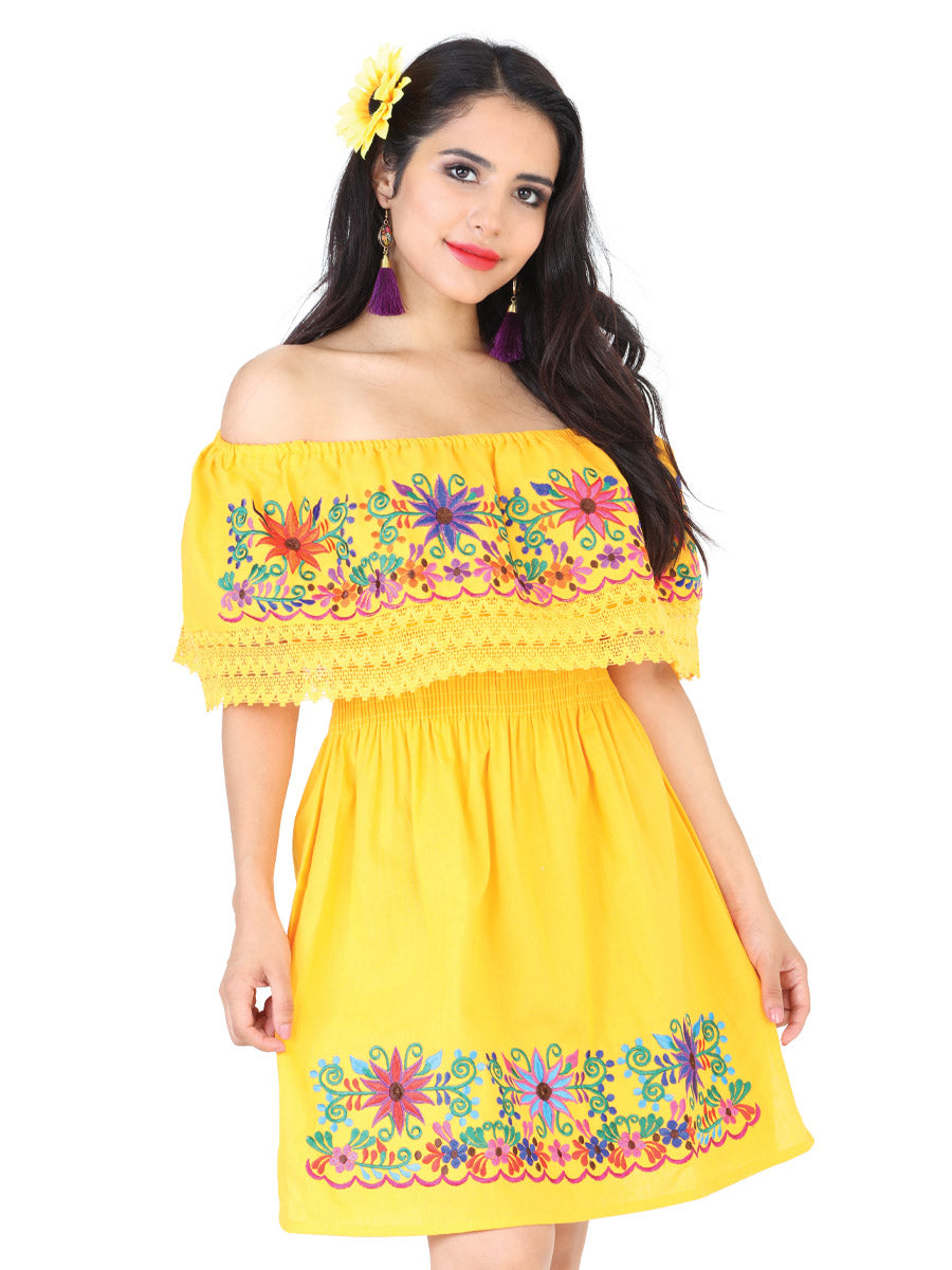 Vestido Artesanal de Olan Bordado de Flores para Mujer Handmade Dress Mexico Artesanal Yellow
