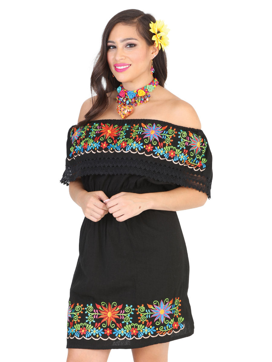Handmade Olan Dress with Flower Embroidery for Women Handmade Dress Mexico Artesanal Black