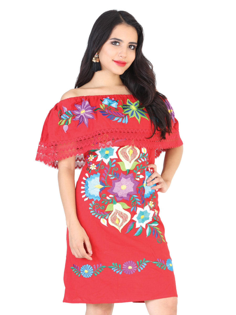 Handmade Olan Dress with Flower Embroidery for Women Handmade Dress Mexico Artesanal Red