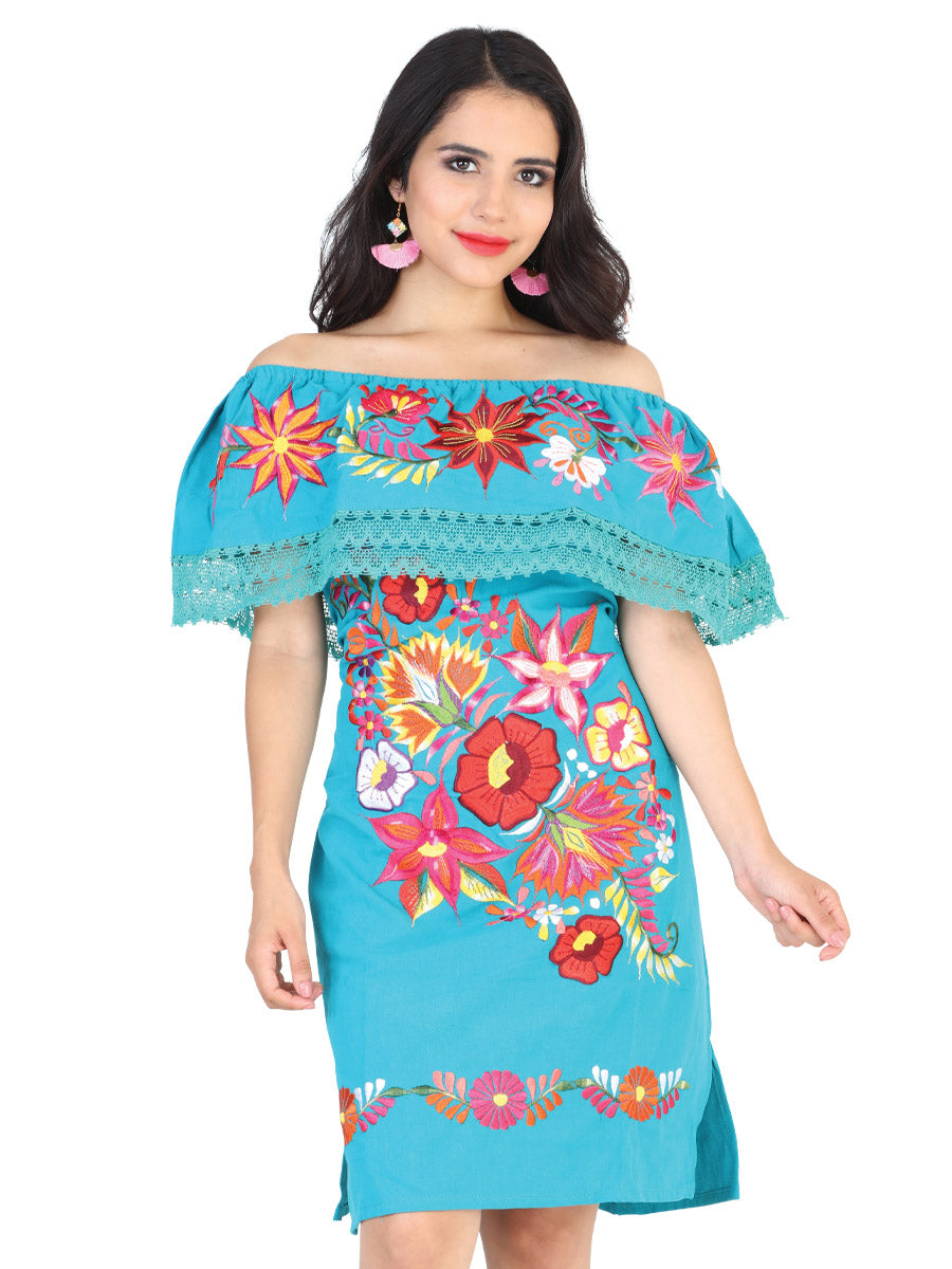 Vestido Artesanal de Olan Bordado de Flores para Mujer Handmade Dress Mexico Artesanal Turquoise