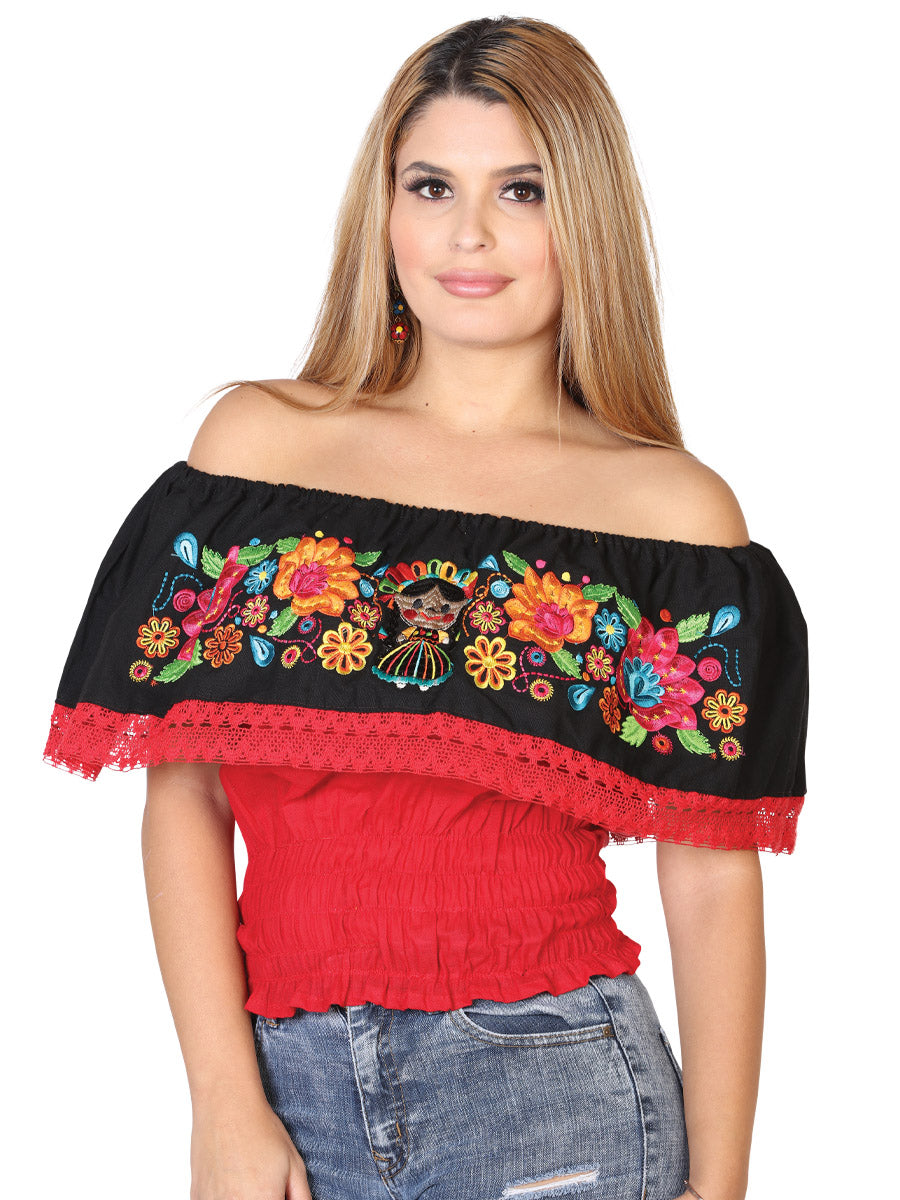 Handmade Olan Blouse Embroidered with Flowers and Maria Doll for Women Handmade Blouse Mexico Artesanal Red