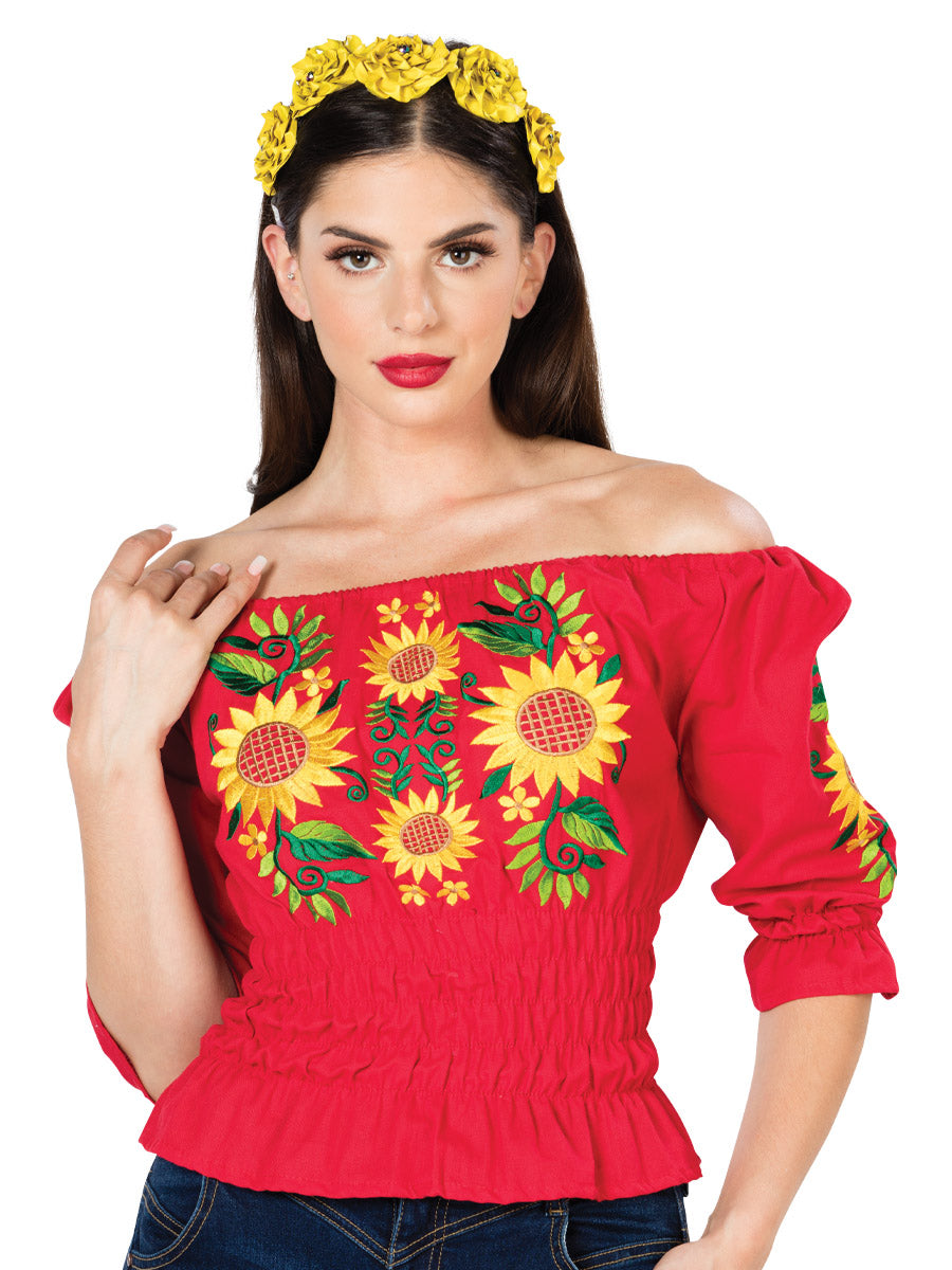 Handmade Blouse 3/4 Sleeve Embroidered with Sunflowers for Women Handmade Blouse Mexico Artesanal Red