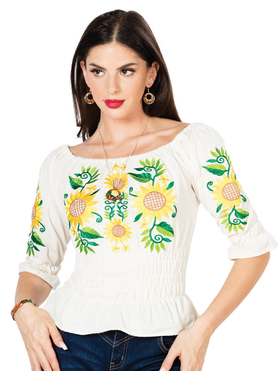Handmade Blouse 3/4 Sleeve Embroidered with Sunflowers for Women Handmade Blouse Mexico Artesanal Beige
